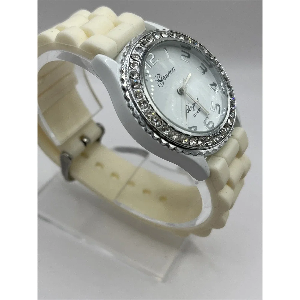 Geneva Legend Women's Watch Rhinestone‎ Bezel White Silicone Band- New Battery